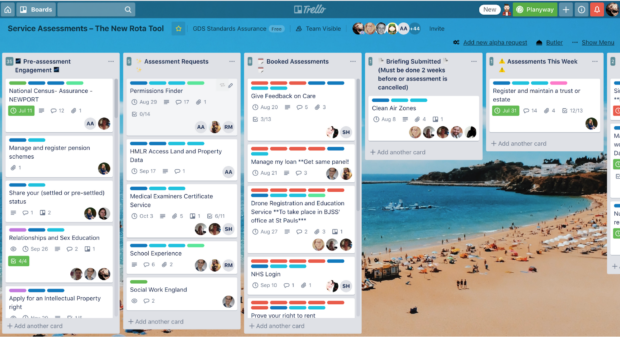 Screenshot of Trello, a digital task planning board for Service Assessments containing many task cards assigned to individual people