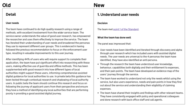 A comparison of the old and the new service assessment report format; the old on the left is an unstructured block of text, the new one on the right has subheadings and is structured with bullet points