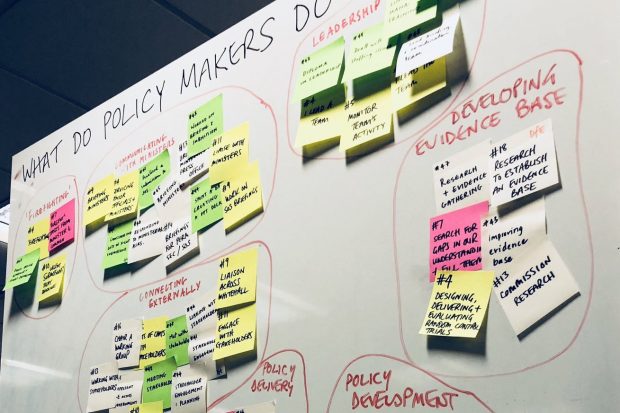 Photograph of a whiteboard full of coloured sticky notes, clustered into smaller groups with descriptions under the headline ‘What do policymakers do?’; the cluster descriptions read: Policy delivery, connecting externally, policy development, developing evidence base, leadership, communicating with ministers