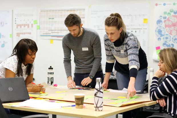 A group of 4 people standing around a table and mapping a service together; behind them on the wall are various types of service maps