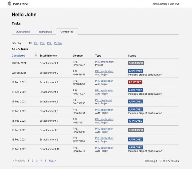 User interface of the new licensing system created by the Home Office