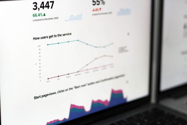 Detail of visual service dashboard showing a 6-month graph of how users get to the service and number of start pageviews over time