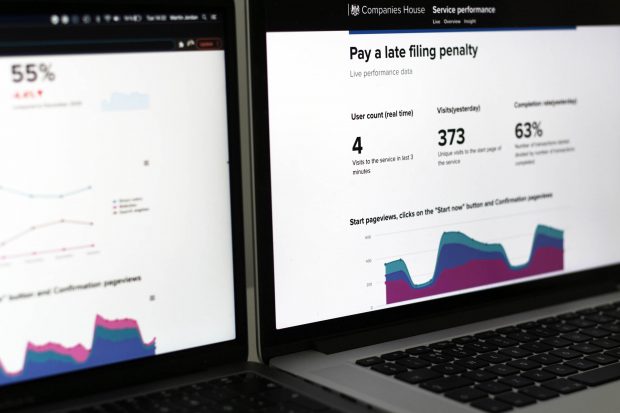 Two service performance dashboards of the pay a late filing penalty service with key metrics: user count, visits yesterday, completion rate