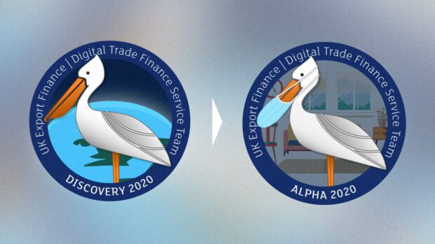 Two stickers from UK Export Finance’s Digital Trade Finance Service teams – one from their Discovery, one from their Alpha phase work showing a stork