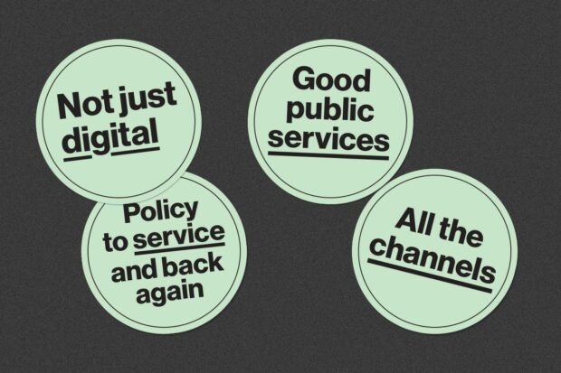 4 stickers for Services Week saying ‘Not just digital’, ‘Good public services’, ‘Policy to service and back again’ and ‘All the channels’